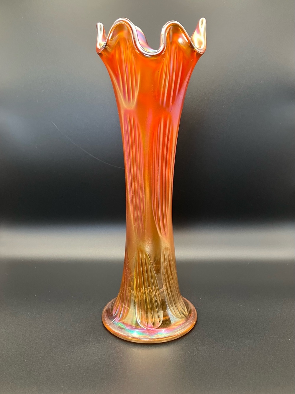 Vintage Iridescent Orange Marigold Ribbed Glass Vase